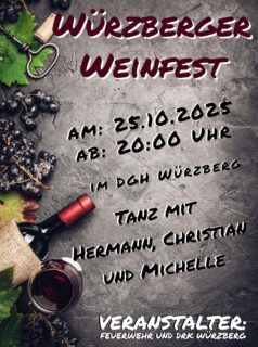 Der @drk_ov_wuerzberg und die Freiwillige Feuerwehr Würzberg laden in diesem Jahr wieder zum traditionellen „Würzberger Weinfest“ ein.
Das Fest findet am Samstag 25. Oktober ab 20:00 Uhr im Würzberger Dorfgemeinschaftshaus statt.
Für Tanzstimmung sorgen wieder „Hermann, Christian und Michelle“!
#würzberg #weinfest #michelstadt #ffw #drk @hermannundchristian_official @elle.music.official