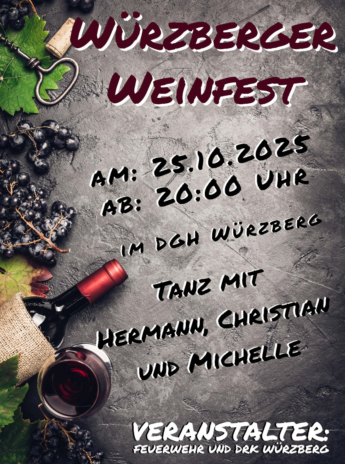 Der @drk_ov_wuerzberg und die Freiwillige Feuerwehr Würzberg laden in diesem Jahr wieder zum traditionellen „Würzberger Weinfest“ ein.
Das Fest findet am Samstag 25. Oktober ab 20:00 Uhr im Würzberger Dorfgemeinschaftshaus statt.
Für Tanzstimmung sorgen wieder „Hermann, Christian und Michelle“!
#würzberg #weinfest #michelstadt #ffw #drk @hermannundchristian_official @elle.music.official