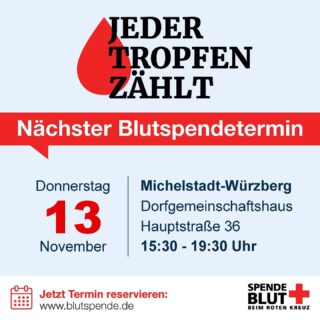 @drk_ov_wuerzberg: Blutspendetermin – Do. 13.11.2025
Eine Blutspende dauert 10 Minuten und rettet bis zu drei Leben.
-> https://www.blutspende.de/blutspendetermine/termine/381420
Am Donnerstag 13.11.2025 von 15:30 Uhr bis 19:30 Uhr im Dorfgemeinschaftshaus Würzberg.
Wir hoffen auf zahlreiche Unterstützer! Wie immer ist auch für das leibliche Wohl gesorgt.
Euer DRK OV Würzberg