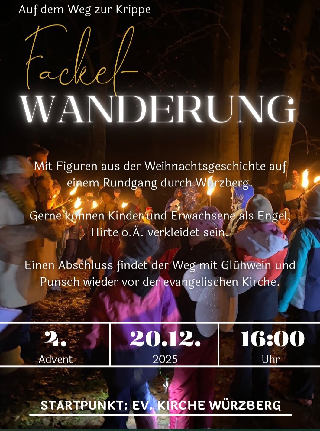 *Samstag 20.12.2025 – Auf dem Weg zur Krippe – eine adventliche Fackelwanderung*
Auf dem Weg zur Krippe – eine adventliche Fackelwanderung mit Figuren aus der Weihnachtsgeschichte auf einem Rundgang durch Würzberg.
Startpunkt ist an der Evangelischen Kirche in Würzberg.
Gerne können Kinder und Erwachsene als Engel, Hirte,… verkleidet sein.
Einen Abschluss findet der Weg mit Glühwein und Punsch wieder vor der evangelischen Kirche.
*Hinweis: Die 4. Advent Fackelwanderung in Würzberg findet in diesem Jahr an einem Samstag statt!*
#Würzberg #Michelstadt
