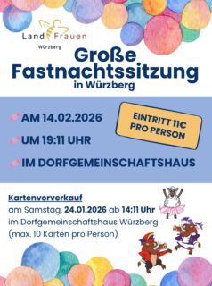 Große Fastnachtssitzung und Bar-Party in Würzberg 2026
🥳 Die diesjährige Fastnachtssitzung in Würzberg startet am 14.02.2026 um 19:11 Uhr.
🎫 Der Kartenvorverkauf ist am Samstag 24.01.2026 ab 14:11 Uhr.
Direkt nach der Fastnachtssitzung geht es mit der Bar-Party weiter!
Würzberg – HELAU!
#Würzberg #Michelstadt #Garde #Fastnacht #Helau