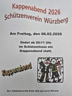 Würzberger Schützenverein - Kappenabend am 06.02.2026
Der Würzberger Schützenverein lädt auch in diesem Jahr wieder zum Kappenabend ein.
Freut euch auf gemütliches Beisammensein und fröhliche Stunden im Schützenhaus.
Beginn ist am Freitag 06.02.2026 ab 20:11 Uhr!
Würzberg – Helau!
#Würzberg #Michelstadt #Fastnacht #Helau #Kappenabend