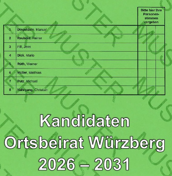 Ortsbeiratswahl 2026
Der Flyer ist bereits auf der Homepage zu finden und wird in den kommenden Tagen in alle Würzberger Haushalte verteilt.
Die freie „Liste für Würzberg“ wurde wieder aufgestellt und tritt mit acht Kandidaten zur Wahl des Würzberger Ortsbeirats für die nächsten fünf Jahre an.
Zu vergeben sind fünf Sitze im Ortsbeirat.
Die Bewerber kandidieren partei- und fraktionsunabhängig, um sich engagiert für die Belange unseres Ortsteils einzusetzen.
Der Flyer wird in den kommenden Tagen in alle Würzberger Haushalte verteilt.
#Würzberg #Michelstadt #Kommunalwahl #Ortsbeirat #Ehrenamt