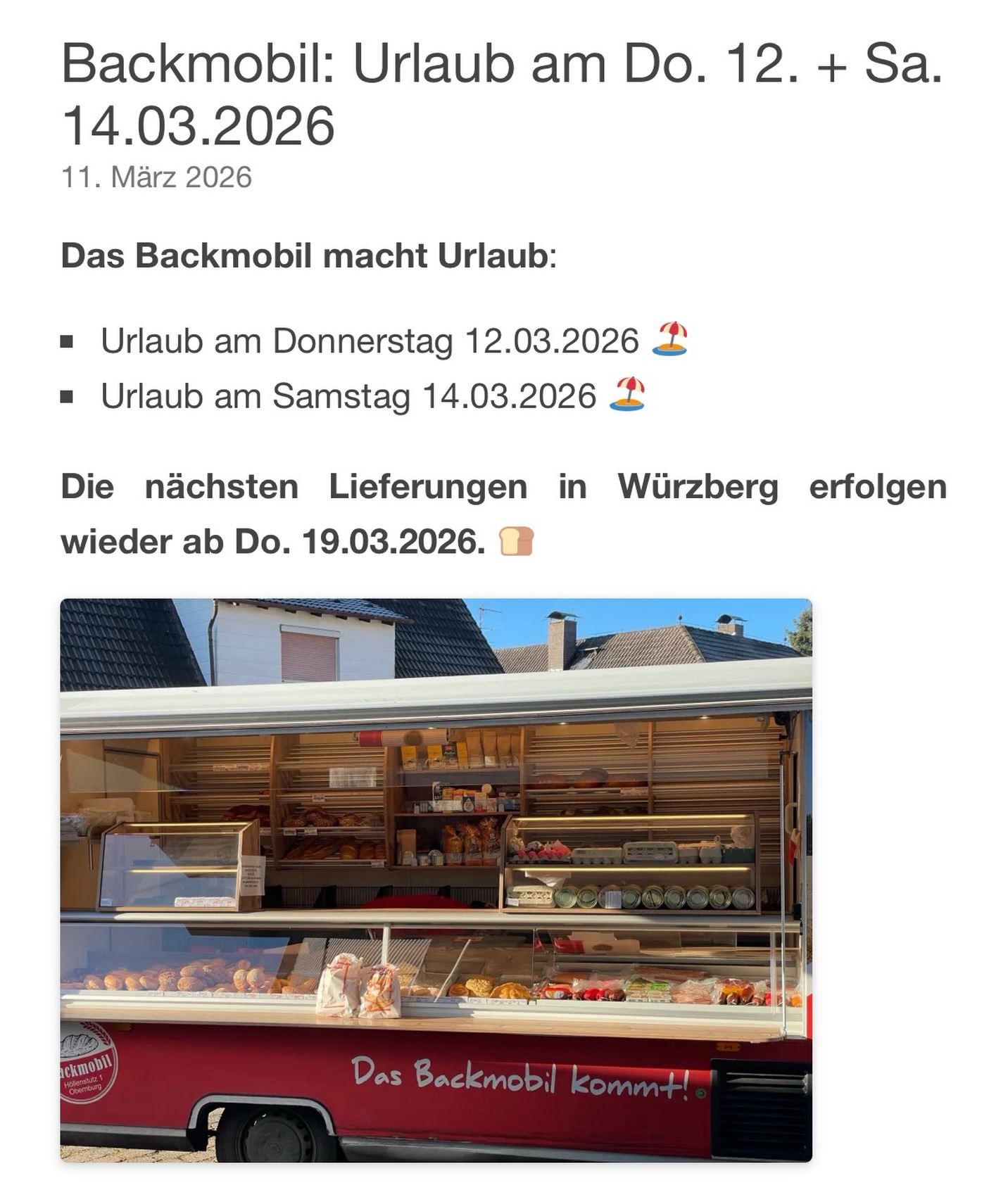 Das Backmobil macht Urlaub:
- Urlaub am Donnerstag 12.03.2026 🏖️
- Urlaub am Samstag 14.03.2026 🏖️
Die nächsten Lieferungen in Würzberg erfolgen wieder ab Do. 19.03.2026. 🍞
#würzberg #michelstadt