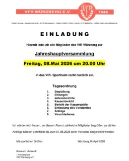 Der @vfrwuerzberg lädt alle Mitglieder zur Jahreshauptversammlung am Freitag, 08.05.2026 um 20:00 Uhr in das Sportlerheim ein.

#würzberg #michelstadt