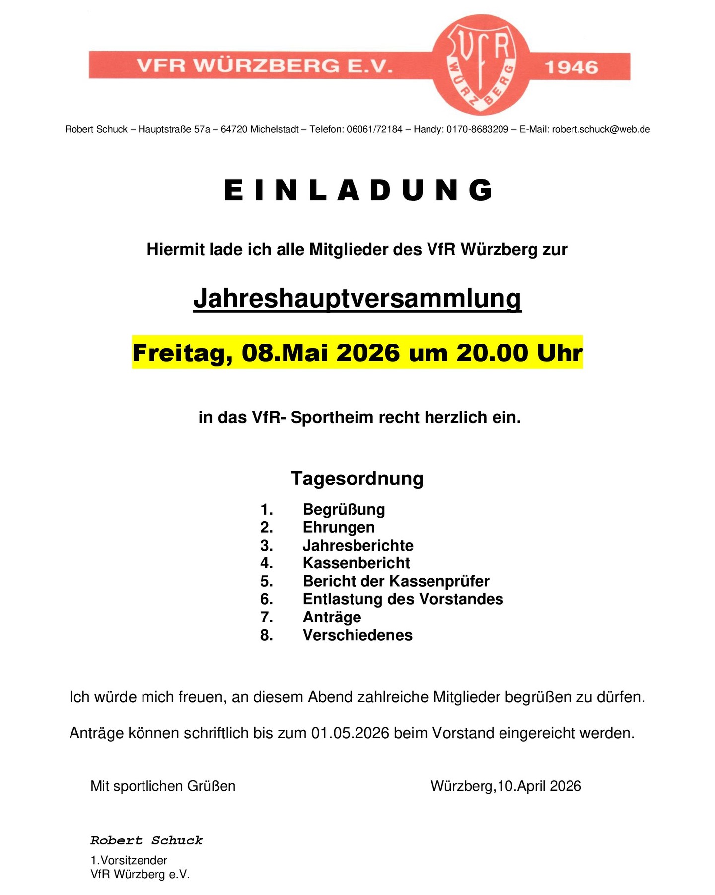Der @vfrwuerzberg lädt alle Mitglieder zur Jahreshauptversammlung am Freitag, 08.05.2026 um 20:00 Uhr in das Sportlerheim ein.

#würzberg #michelstadt