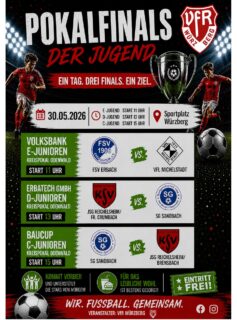 VfR-Würzberg: Pokalfinals der Kreisjugend am Samstag 30.05.2026 in Würzberg
Am 30. Mai 2026 steht der Sportplatz in Würzberg ganz im Zeichen des Jugendfußballs. Bei den Pokalfinals der Jugend erwartet euch ein spannender Fußballtag mit gleich drei Endspielen.
Um 11:00 Uhr machen die E-Junioren den Auftakt mit dem Kreispokalfinale zwischen dem FSV Erbach und dem VfL Michelstadt.
Um 13:00 Uhr treten die D-Junioren an, wenn die JSG Reichelsheim/Fränkisch-Crumbach auf die SG Sandbach trifft.
Um 15:00 Uhr bildet das Finale der C-Junioren den Abschluss, bei dem die SG Sandbach gegen die JSG Reichelsheim/Brensbach um den Pokal kämpft.
Für das leibliche Wohl ist selbstverständlich bestens gesorgt.
Der Eintritt ist frei – kommt vorbei und unterstützt die Nachwuchsteams!
Unser @vfrwuerzberg freut sich auf alle Teilnehmer, Zuschauer und Besucher!
#Würzberg #Michelstadt #Fußball #Support