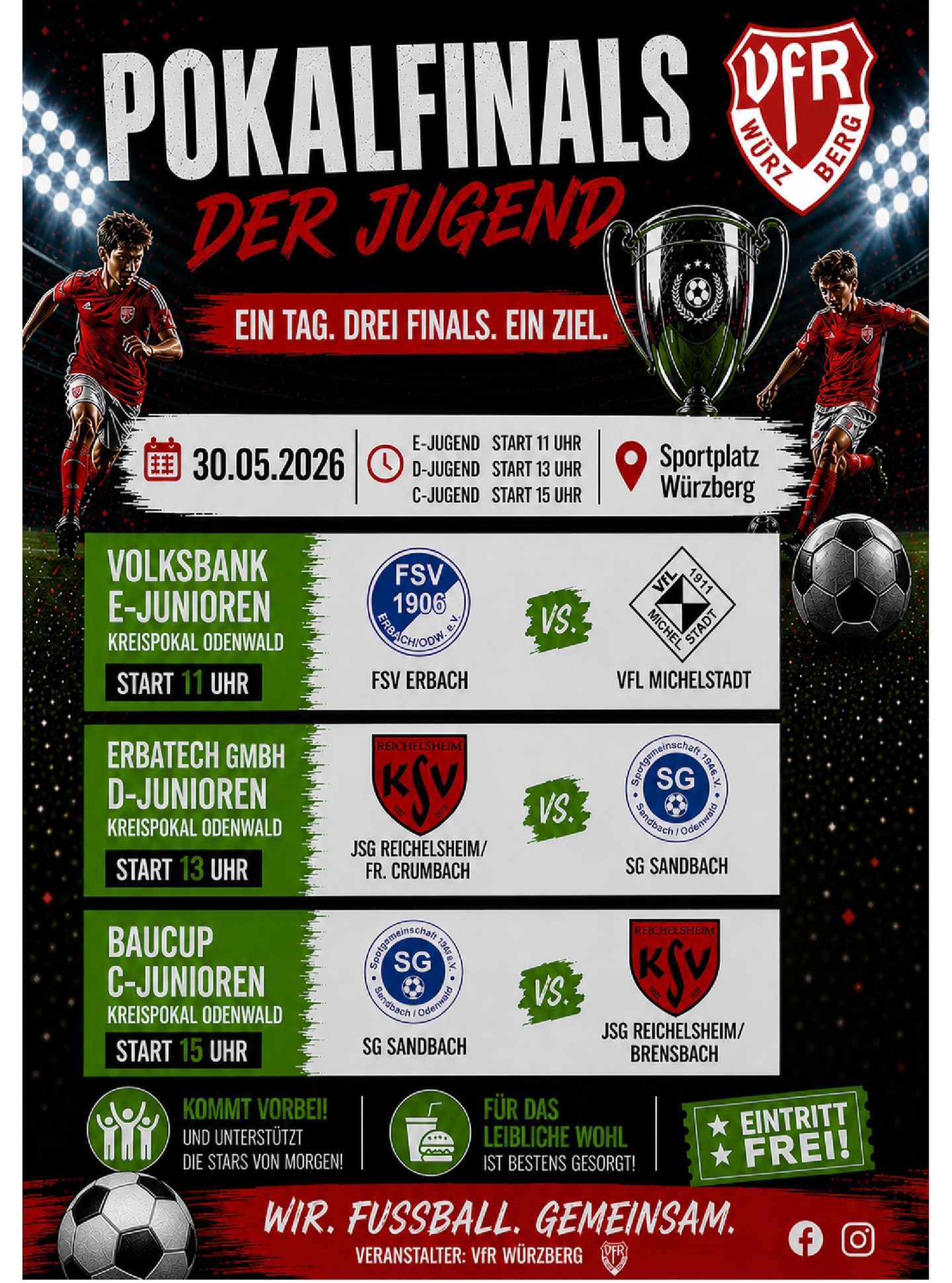 VfR-Würzberg: Pokalfinals der Kreisjugend am Samstag 30.05.2026 in Würzberg
Am 30. Mai 2026 steht der Sportplatz in Würzberg ganz im Zeichen des Jugendfußballs. Bei den Pokalfinals der Jugend erwartet euch ein spannender Fußballtag mit gleich drei Endspielen.
Um 11:00 Uhr machen die E-Junioren den Auftakt mit dem Kreispokalfinale zwischen dem FSV Erbach und dem VfL Michelstadt.
Um 13:00 Uhr treten die D-Junioren an, wenn die JSG Reichelsheim/Fränkisch-Crumbach auf die SG Sandbach trifft.
Um 15:00 Uhr bildet das Finale der C-Junioren den Abschluss, bei dem die SG Sandbach gegen die JSG Reichelsheim/Brensbach um den Pokal kämpft.
Für das leibliche Wohl ist selbstverständlich bestens gesorgt.
Der Eintritt ist frei – kommt vorbei und unterstützt die Nachwuchsteams!
Unser @vfrwuerzberg freut sich auf alle Teilnehmer, Zuschauer und Besucher!
#Würzberg #Michelstadt #Fußball #Support
