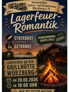 Der Kultur- und Heimatverein Würzberg lädt herzlich zu einem gemütlichen Abend an der Grillhütte ein.
Freut euch auf knisterndes Lagerfeuer, leckeres Stockbrot und musikalische Unterhaltung durch die Mundharmonika-Gruppe. Für Getränke ist ebenfalls gesorgt. Die Bewirtung erfolgt auf Spendenbasis.
📅 Samstag, 20. Juni 2026
🕕 Beginn: 18:00 Uhr
📍 Grillhütte am Löschteich
☀️ Die Veranstaltung findet nur bei gutem Wetter statt.
Der Kultur- und Heimatverein Würzberg freut sich auf viele Besucher!
#Würzberg #Michelstadt