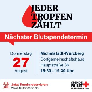 *DRK-Würzberg: Blutspendetermin – Donnerstag 27.08.2026*
Eine Blutspende dauert 10 Minuten und rettet bis zu drei Leben.
Am Donnerstag 27.08.2026 von 15:30 Uhr bis 19:30 Uhr im Dorfgemeinschaftshaus Würzberg.
Wie immer ist auch für das leibliche Wohl gesorgt.
Euer @drk_ov_wuerzberg