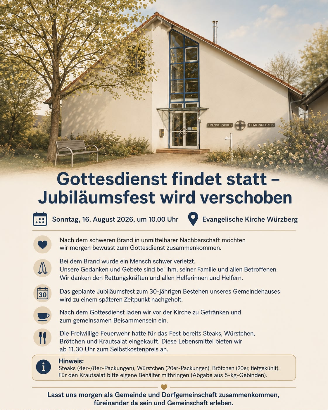 Gottesdienst findet statt – Jubiläumsfest wird verschoben
Nach dem schweren Brand in unmittelbarer Nachbarschaft möchten wir morgen bewusst zum Gottesdienst zusammenkommen.
🕙 Sonntag, 16. August 2026, um 10:00 Uhr
📍 Evangelische Kirche Würzberg
Bei dem Brand wurde ein Mensch schwer verletzt. Unsere Gedanken und Gebete sind bei ihm, seiner Familie und allen Betroffenen. Wir danken den Rettungskräften und allen Helferinnen und Helfern für ihren Einsatz.
Das geplante Jubiläumsfest zum 30-jährigen Bestehen unseres Gemeindehauses wird zu einem späteren Zeitpunkt nachgeholt.
Nach dem Gottesdienst laden wir vor der Kirche zu Getränken und zum gemeinsamen Beisammensein ein.
Die Freiwillige Feuerwehr hatte für das Fest bereits Steaks, Würstchen, Brötchen und Krautsalat eingekauft. Diese Lebensmittel bieten wir ab 11:30 Uhr zum Selbstkostenpreis an.
Hinweis zur Abgabe:
Steaks (4er-/8er-Packungen), Würstchen (20er-Packungen), Brötchen (20er, tiefgekühlt). Für den Krautsalat bitte eigene Behälter mitbringen (Abgabe aus 5-kg-Gebinden).
Lasst uns morgen als Gemeinde und Dorfgemeinschaft zusammenkommen, füreinander da sein und Gemeinschaft erleben.
#Würzberg #Michelstadt