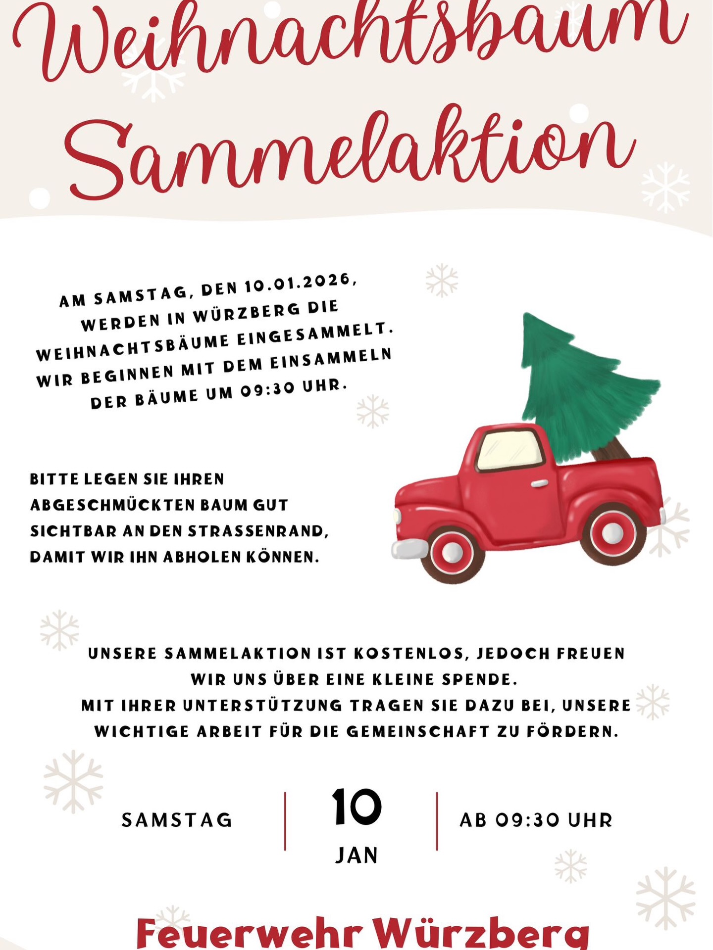 Am Samstag, 10.01.2026, werden in Würzberg wieder die Weihnachtsbäume eingesammelt.
Die @feuerwehrwuerzberg beginnt mit dem Einsammeln der Bäume um 09:30 Uhr.
-> Bitte die Bäume abgeschmückt und gut sichtbar an den Straßenrand legen.
Die Aktion ist kostenlos, jedoch freut sich die Feuerwehr über kleine Spenden. Durch diese Spenden wird die Arbeit der ehrenamtlichen Helfer unterstützt und die wichtigen Tätigkeiten der Feuerwehr gefördert.
https://www.wuerzberg.info/?p=6945
#würzberg #michelstadt #feuerwehr #weihnachtsbaum